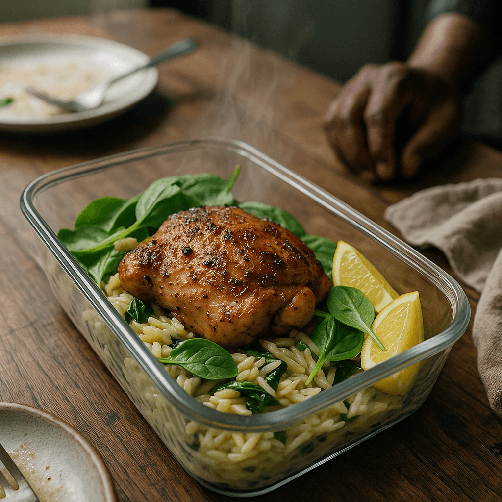Weeknight Lemon Herb Chicken Thighs with Spinach Orzo