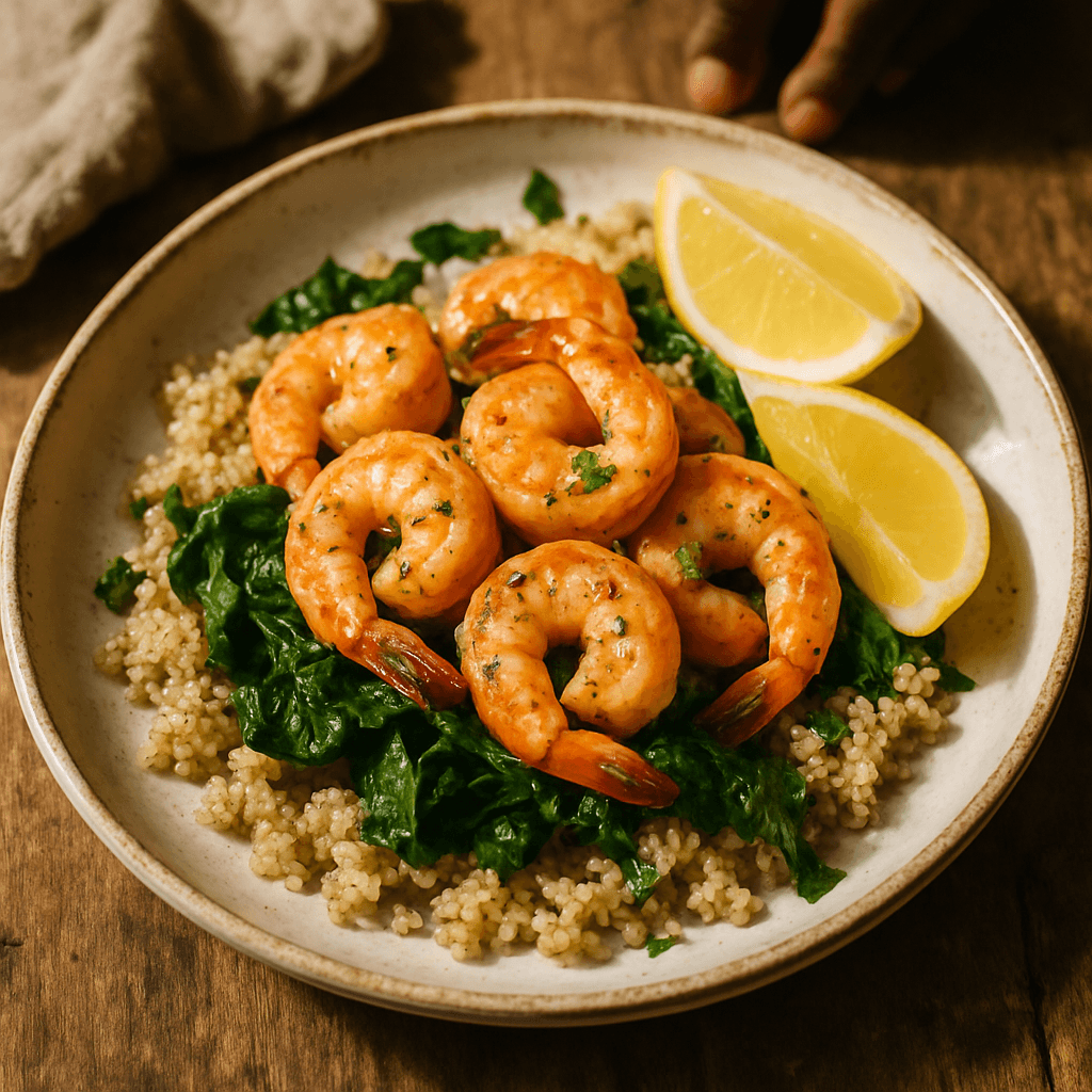 Bulking-Friendly Fresh Lemon Garlic Shrimp with Spinach and Quinoa
